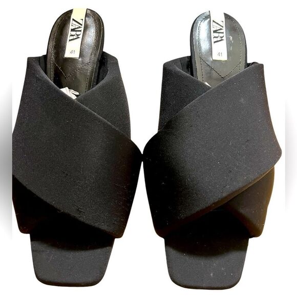 Zara Cross-strap Squared Toe Padded Black Kitten Heel Slides Size 41 - Picture 1 of 4